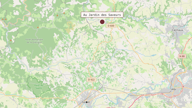 Carte situant Au Jardin des Saveurs à 19 km au nord de Gaillac