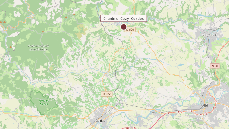 Carte situant Chambre Cozy Cordes à 19 km au nord de Gaillac
