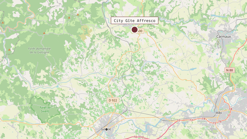 Carte situant City Gîte Affresco à 18 km au nord de Gaillac