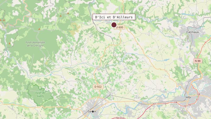 Carte situant D'Ici et D'Ailleurs à 19 km au nord de Gaillac