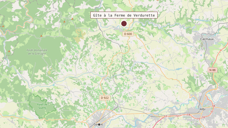 Carte situant Gîte à la Ferme de Verdurette à 20 km au nord de Gaillac