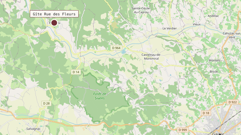 Carte situant Gîte Rue des Fleurs à 18 km au nord-ouest de Gaillac