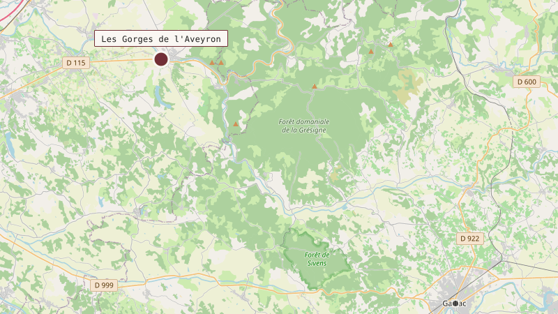 Carte situant Les Gorges de l'Aveyron à 30 km au nord-ouest de Gaillac