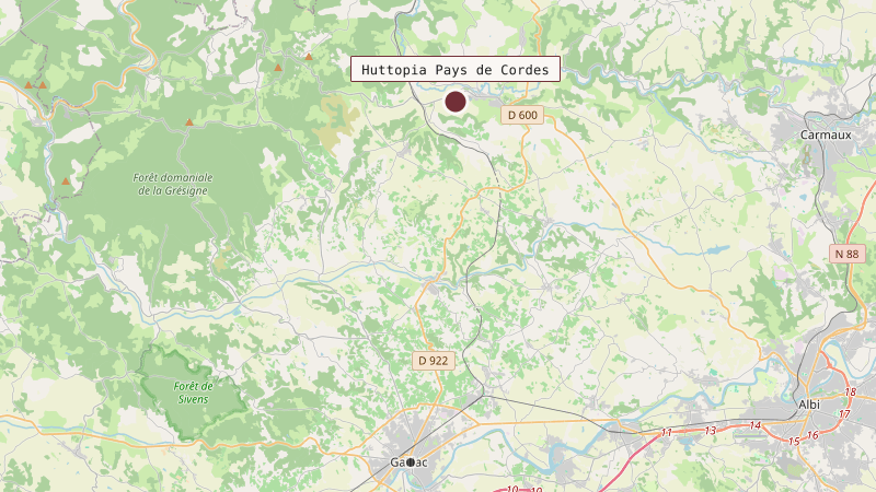 Carte situant Huttopia Pays de Cordes à 18 km au nord de Gaillac