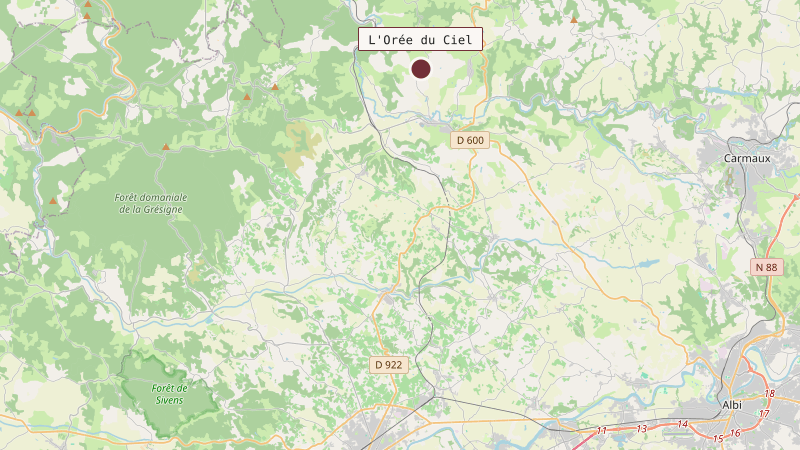 Carte situant L'Orée du Ciel à 22 km au nord de Gaillac
