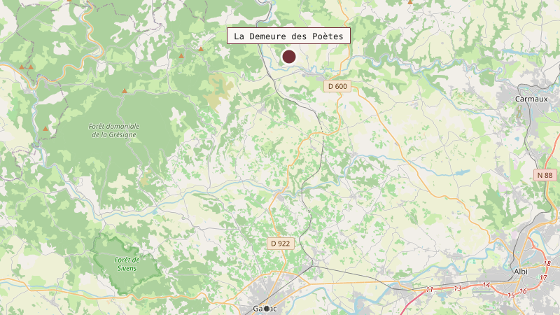Carte situant La Demeure des Poètes à 20 km au nord de Gaillac