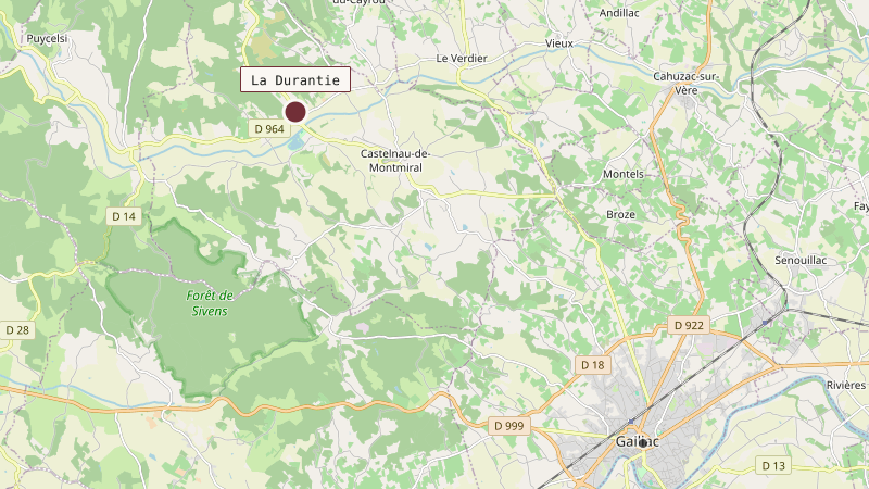 Carte situant La Durantie à 12 km au nord-ouest de Gaillac
