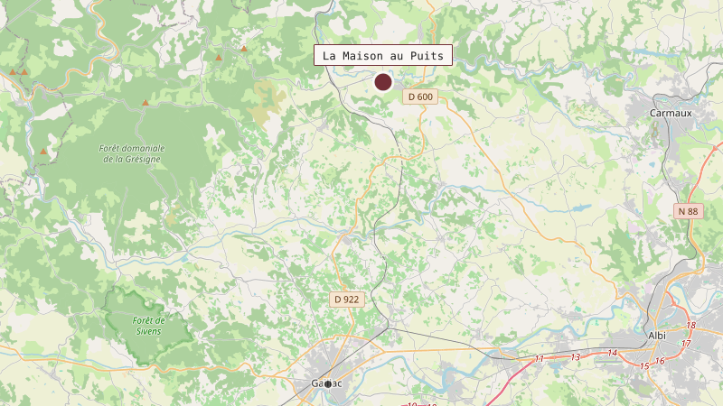 Carte situant La Maison au Puits à 19 km au nord de Gaillac