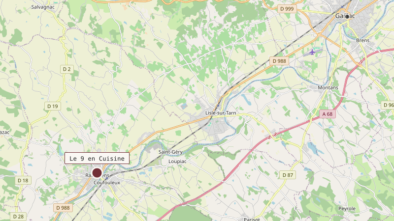 Carte situant Le 9 en Cuisine à 17 km au sud-ouest de Gaillac
