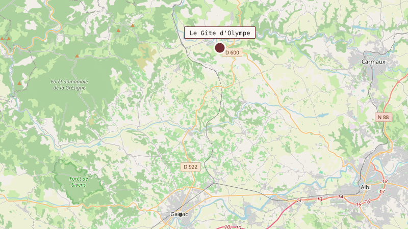 Carte situant Le Gîte d'Olympe à 19 km au nord de Gaillac