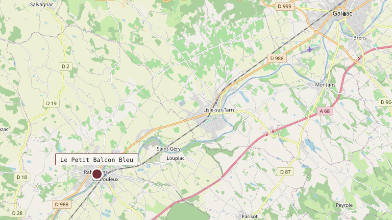 Carte situant Le Petit Balcon Bleu à 17 km au sud-ouest de Gaillac
