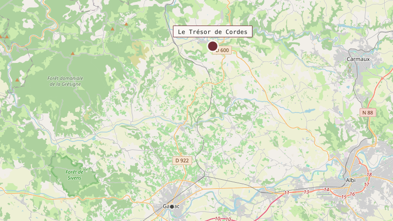 Carte situant Le Trésor de Cordes à 18 km au nord de Gaillac