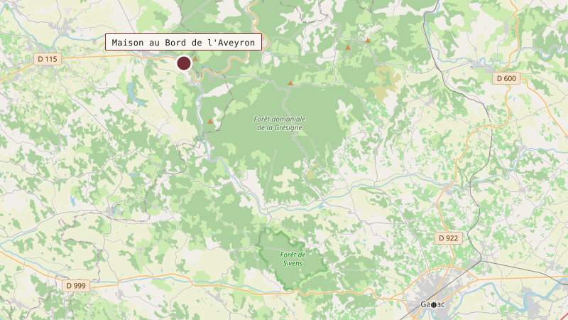 Carte situant Maison au Bord de l'Aveyron à 27 km au nord-ouest de Gaillac