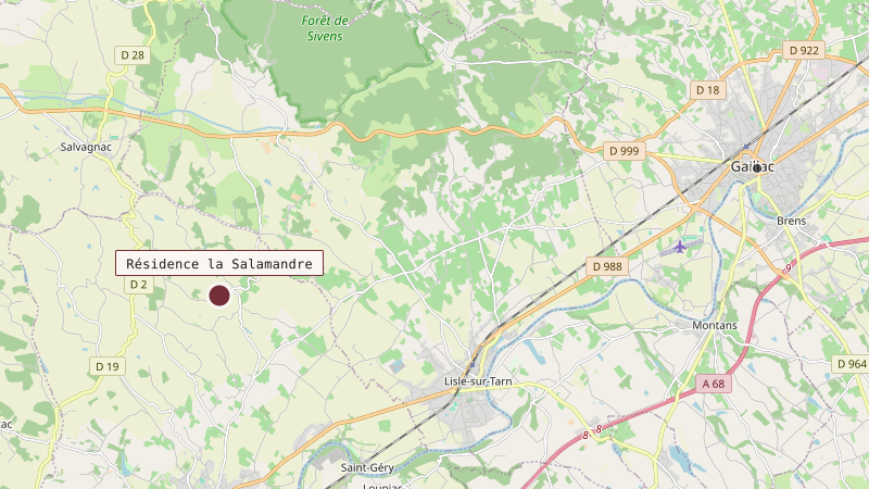 Carte situant Résidence la Salamandre à 14 km au ouest de Gaillac