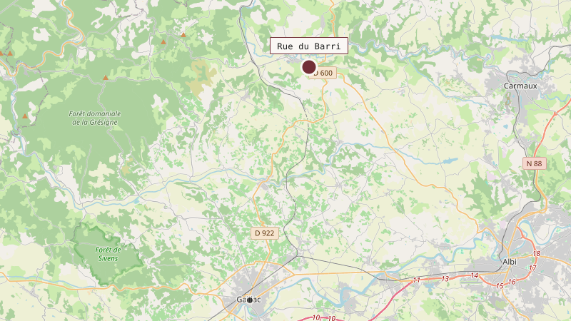 Carte situant Rue du Barri à 19 km au nord de Gaillac