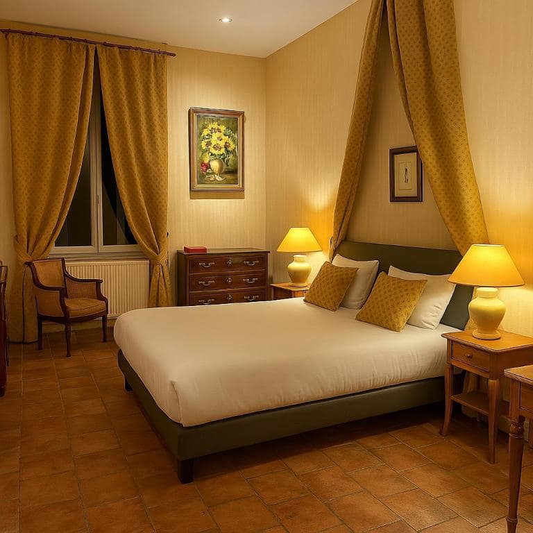 Une chambre, tomettes et tons chauds — © Le Manoir de Lisle